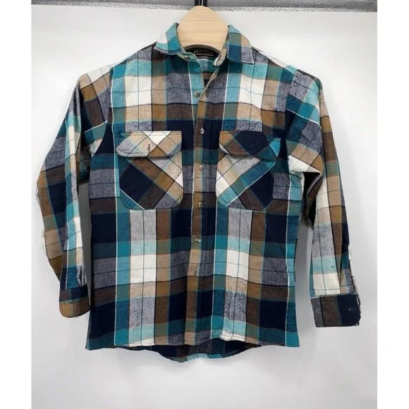 Vintage Private Property‎ Flannel Shirt Mens  M Blue Green Plaid Button Up Thick - Picture 9 of 15